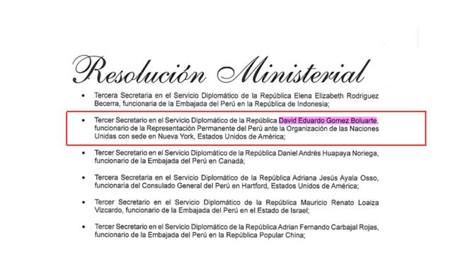  Hijo de Dina Boluarte es designado como diplomático ante la ONU. Foto: Ministerio de Relaciones Exteriores   