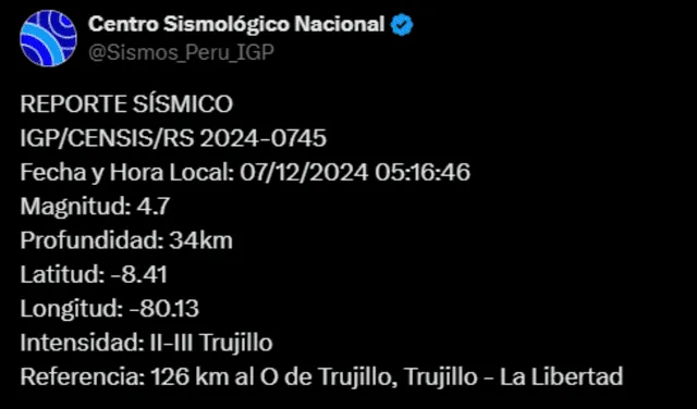  Temblor de magnitud 4,7 remeció Trujillo hoy, según IGP. Foto: IGP<br><br>    