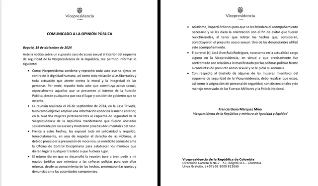 En un comunicado oficial, Márquez condenó los actos de acoso. Comunicado: Vicepresidencia de Colombia.   