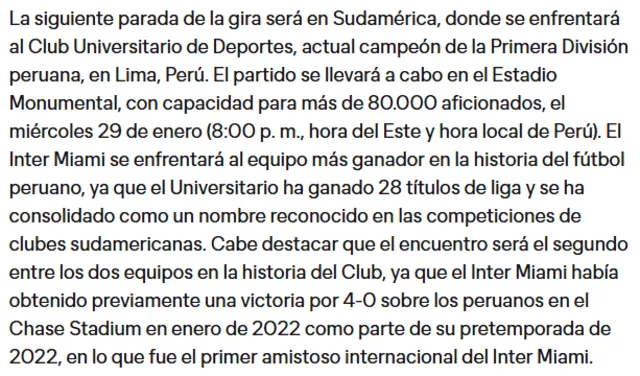  Inter Miami destacó la trayectoria de Universitario, vigente bicampeón de la Liga 1. Foto: captura    