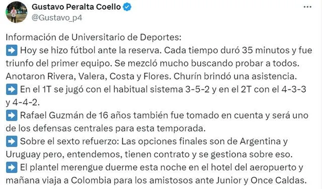  Información sobre la actualidad de Universitario de Deportes. Foto: captura 'X'/Gustavo Peralta   