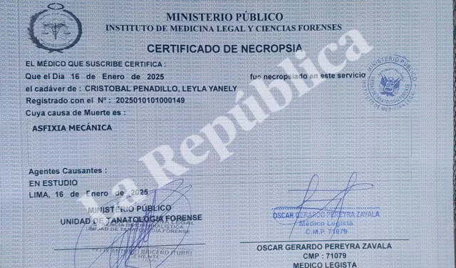 Certificado de necropsia de profesora Leyla Yaneli Cristóbal Peñadillo. Foto: LR   