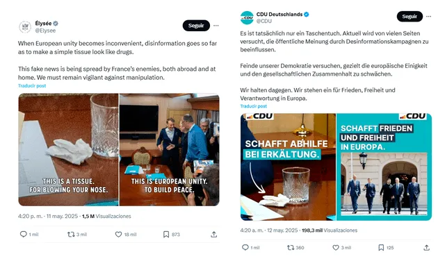 <em> Posteos del gobierno francés y el partido del canciller de Alemania sobre el bulo. Foto: composición LR/capturas de pantalla.</em>   
