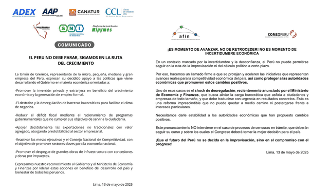 Gremios empresariales se pronunciaron media hora antes del cambio Gremios empresariales se pronunciaron media hora antes del cambio