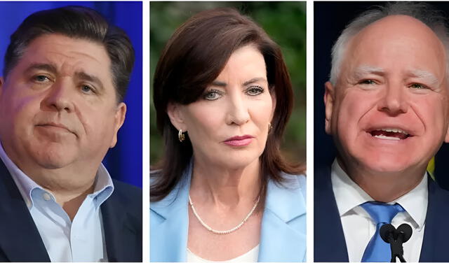 De izquierda a derecha: Gobernadores demócratas J.B. Pritzker (Illinois), Kathy Hochul (Nueva York) y Tim Walz (Minnesota). De izquierda a derecha: Gobernadores demócratas J.B. Pritzker (Illinois), Kathy Hochul (Nueva York) y Tim Walz (Minnesota).