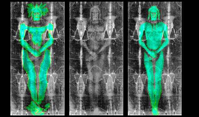 Texturas creadas por modelos 3D de un cuerpo humano (izquierda) y un modelo en bajo relieve (derecha) sobre la Sábana Santa de Turín (centro). Foto: Cicero Moraes Texturas creadas por modelos 3D de un cuerpo humano (izquierda) y un modelo en bajo relieve (derecha) sobre la Sábana Santa de Turín (centro). Foto: Cicero Moraes