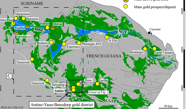  El yacimiento de oro se extendería a otros países vecinos de Surinam. Foto: Science Direct   