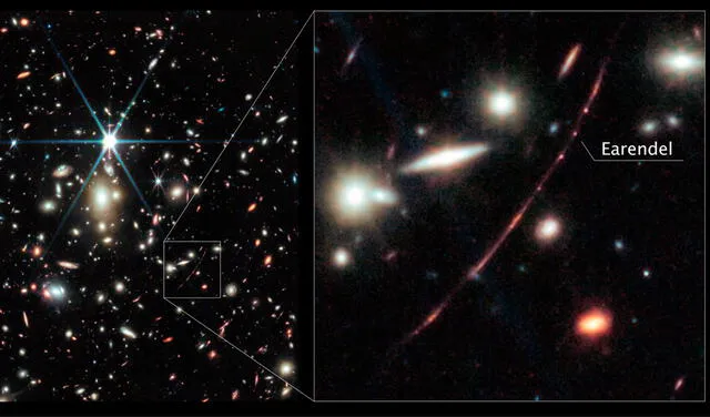 Eärendel se encuentra en la galaxia Arco del Amanecer, a 12 900 millones de años luz de la Tierra. Foto: NASA Eärendel se encuentra en la galaxia Arco del Amanecer, a 12 900 millones de años luz de la Tierra. Foto: NASA