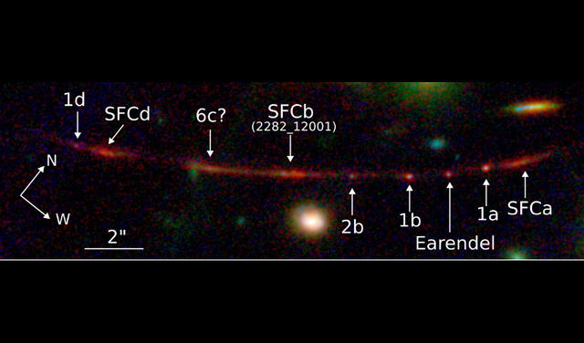 La galaxia Arco del Amanecer obtenida por el James Webb. Foto: NASA La galaxia Arco del Amanecer obtenida por el James Webb. Foto: NASA