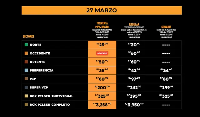 Precios para el 27 de marzo. Foto: captura/Teleticket   