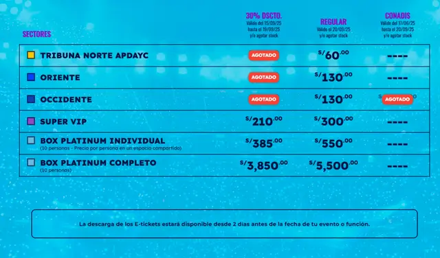 Precios de las entradas disponibles en Teleticket. Foto: difusión   