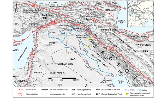 Mapa tectónico de Oriente Medio que muestra las principales características estructurales. Foto: Solid Earth Mapa tectónico de Oriente Medio que muestra las principales características estructurales. Foto: Solid Earth