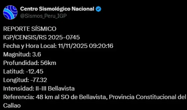  Sismo en el Callao, según IGP. Foto: IGP    
