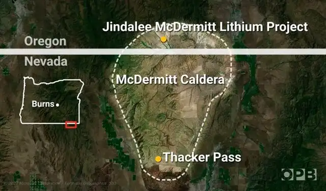  Este es el mapa de la Caldera Mcdermitt, EE.UU., donde se iniciará el proyecto de la mina de litio Thacker Pass en Nevada. Foto: OPB<br>    