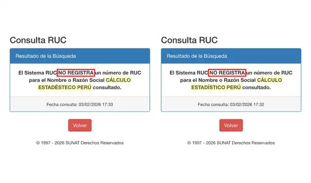 Consulta RUC de 'Cálculo Estadéstico Perú' y 'Cálculo Estadístico Perú'. | Foto: SUNAT   