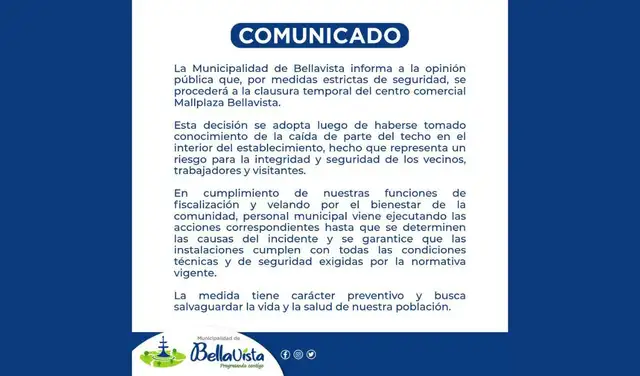  Comunicado de la Municipalidad de Bellavista tras caída de techo del Mall Plaza. Foto: difusión   