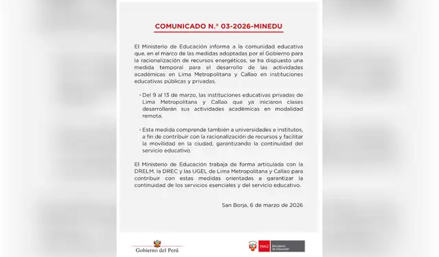 Comunicado de Minedu tras las medidas decretadas por el Congreso.  