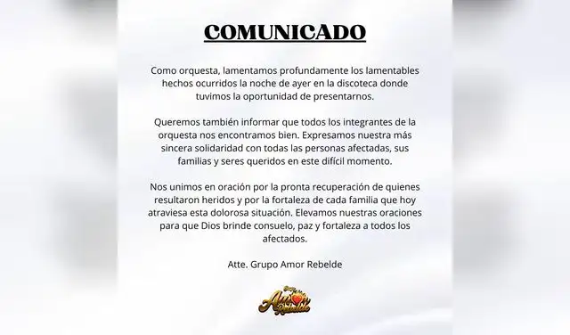 Comunicado de Amor Rebelde tras ataque contra la discoteca Dali la madrugada del 7 de marzo.