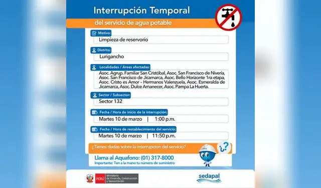 Sedapal anuncia corte agua hasta por 10 horas en un distrito de Lima este martes 10 de marzo: conoce cuáles serán las zonas afectadas Sedapal anuncia corte agua hasta por 10 horas en un distrito de Lima este martes 10 de marzo: conoce cuáles serán las zonas afectadas