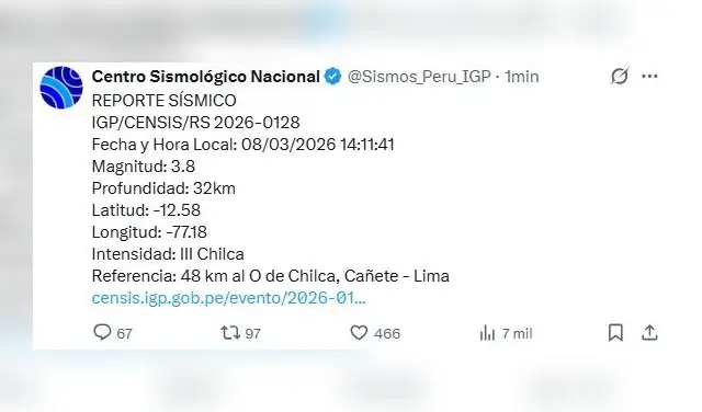 Reporte del IGP sobre el último temblor en Lima. Foto: IGP en X  