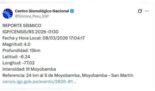 Segundo sismo en menos de cinco minutos en región San Martín Segundo sismo en menos de cinco minutos en región San Martín