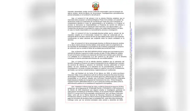 El detalle de la aprobación del pago de defensa legal de Solorzano Yabar