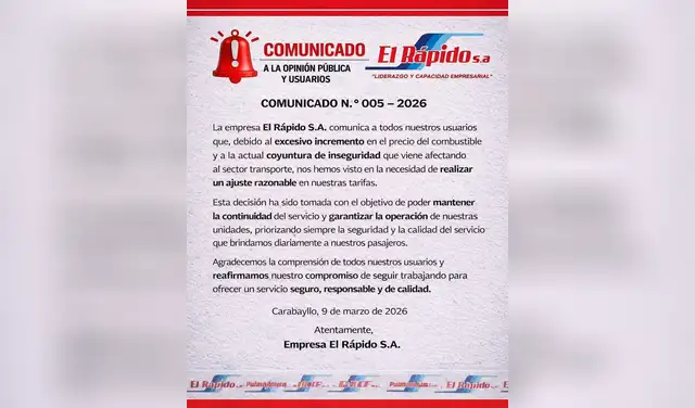 La empresa de transportes 'El rápido' también se suma al aumento de precio de los pasajes en Lima.