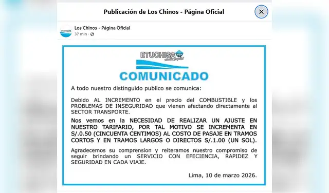Comunicado ETUCHISA sobre el incremento de sus pasajes por la crisis de GNV. Foto: difusión
