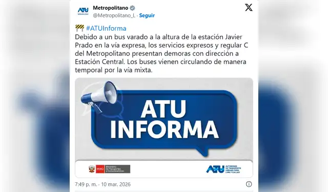 El comunicado del ATU tras el incidente en la avenida Javier Prado. Foto: X - ATU  