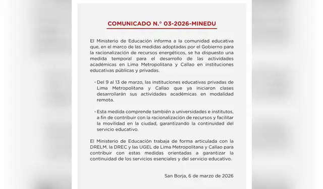 Comunicado del Minedu sobre el cambio de modalidad de estudios por la crisis de combustibles en Perú. Comunicado del Minedu sobre el cambio de modalidad de estudios por la crisis de combustibles en Perú.
