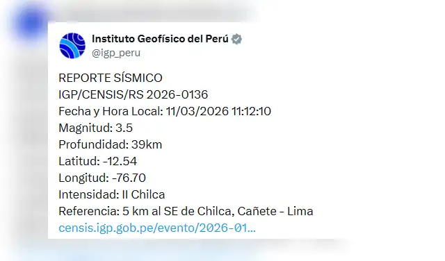 Reporte de sismo en Chilca, Lima hoy, miércoles 11 de marzo, según IGP.
