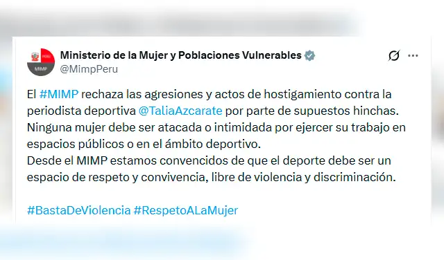 Ministerio de la Mujer tras la denuncia de Talía Azcárate. Foto: Twitter  