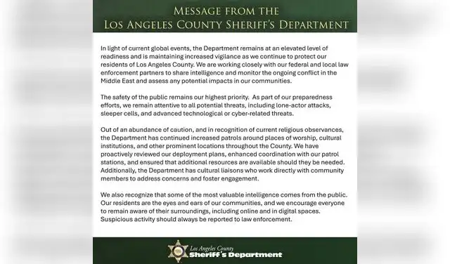 Comunicado del Departamento de Alguaciles del Condado de Los Ángeles. Foto: @LASDHQ/X