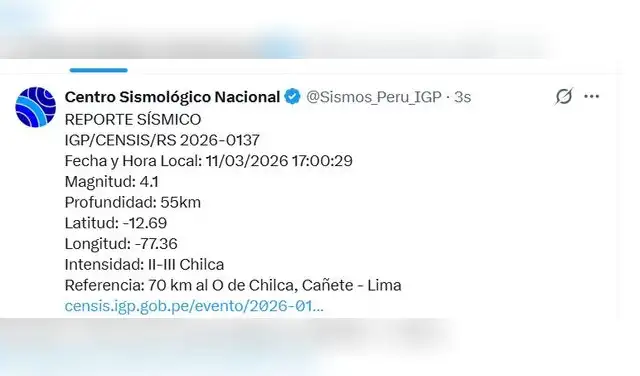 sismo de 4,1 se sintió en Lima a las 5:00 p.m. de este miércoles 11 de marzo   