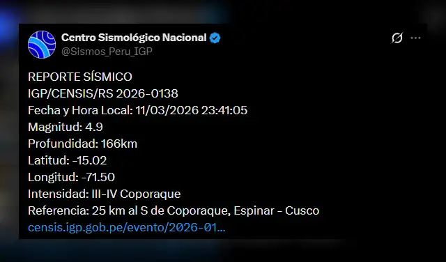 Temblor en Cusco. Foto: IGP