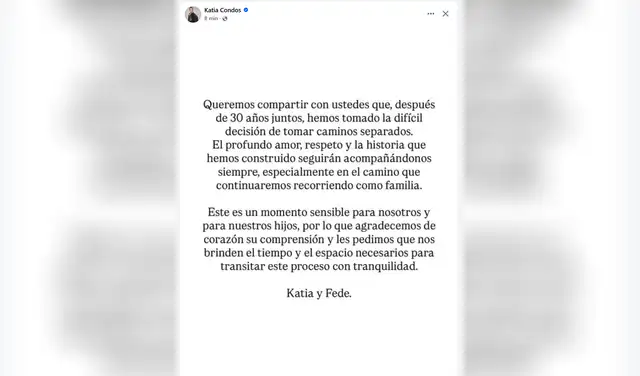 Katia Condos anuncia el fin de su matrimonio con Federico Salazar. Foto: Instagram Katia Condos anuncia el fin de su matrimonio con Federico Salazar. Foto: Instagram