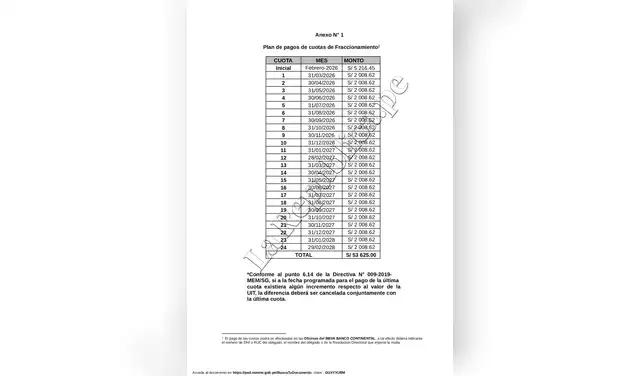 Fraccionamiento de la deuda en 24 cuotas más una inicial