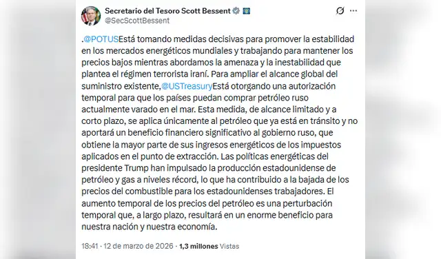 Postura del secretario Scott Bessent. Foto: @SecScottBessent/X