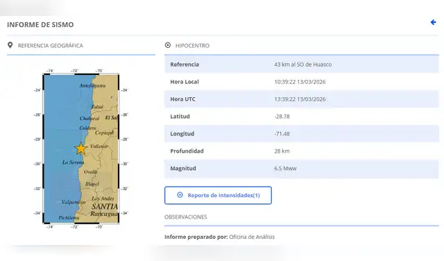 Detalles y epicentro del sismo en Chile el viernes 13 de marzo. Foto: CSN