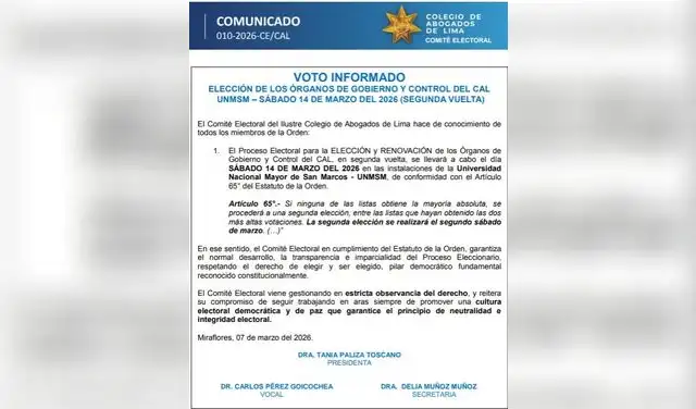 El Colegio de Abogados llevará a cabo las elecciones de segunda vuelta el 14 de marzo. Foto: CAL