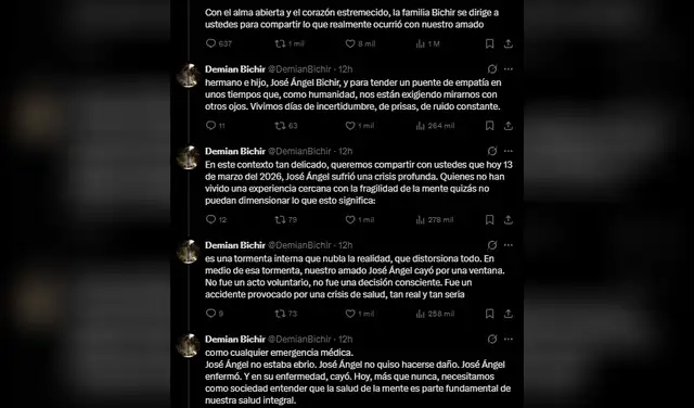 Comunicado publicado por Demián Bichir, tío de José Ángel Bichir