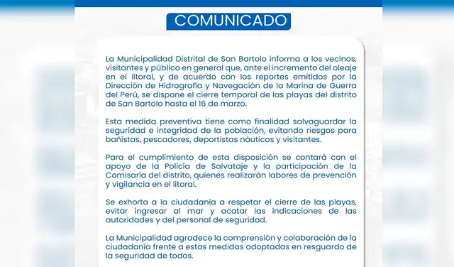 Comunicado de Municipalidad de San Bartolo