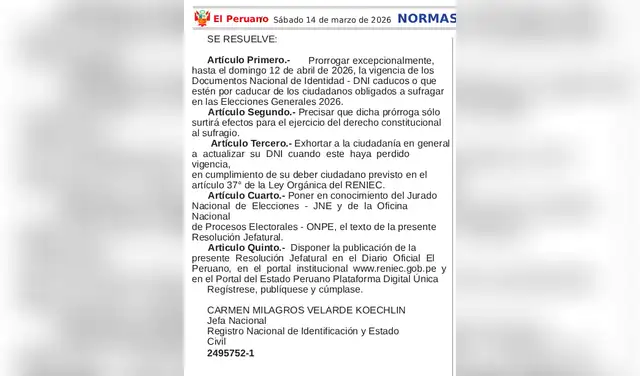 Disposición del Reniec oficializada en El Peruano