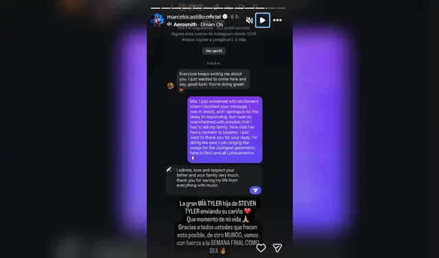 Mensaje de Mia Tyler a Marcelo Castillo. Foto: marcelocastillo.oficial   