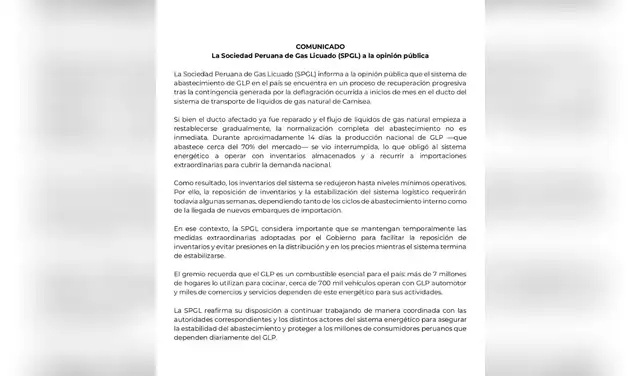 Comunicado a la opinión pública de la Sociedad Peruana de Gas Licuado (SPGL)