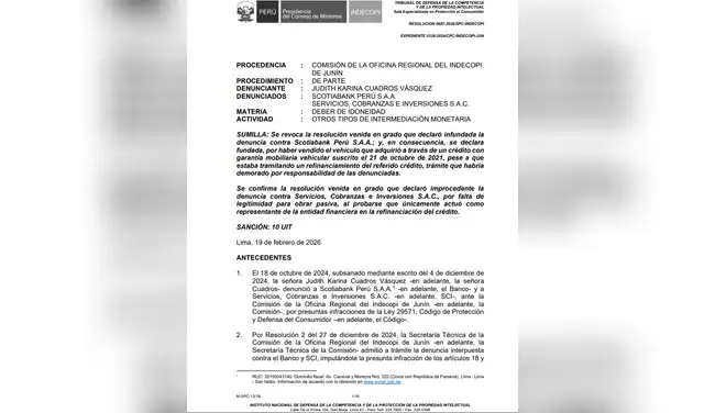 La resolución de Indecopi tras emitir la sanción contra Scotiabank. Foto: Indecopi La resolución de Indecopi tras emitir la sanción contra Scotiabank. Foto: Indecopi