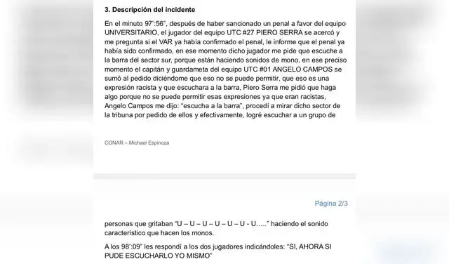 Informe del árbitro Michael Espinoza. Foto: Twitter/Gustavo Peralta