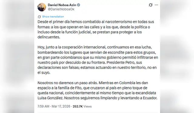 La respuesta del presidente de Ecuador, Daniel Noboa, a las acusaciones de bombardeo de su homólogo colombiano. Foto: @DanielNoboaOk/X