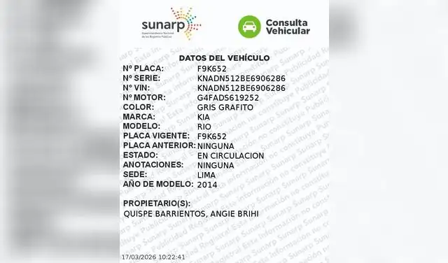 Atentado. El KIA gris de placa F9K-652 estuvo presente en el escenario del crimen de Andrea Vidal. Foto: Sunarp  