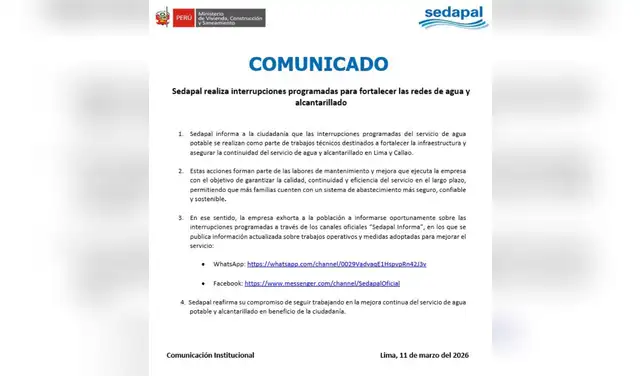 Comunicado de Sedapal sobre cortes masivo del servicio de agua potable.